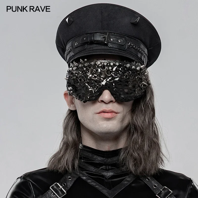 PUNK RAVE Men\'s Punk Handsome Military Hat Cool Pu Leather Buckles Demon Corner Nail Decorated Stage Performance Party Cap