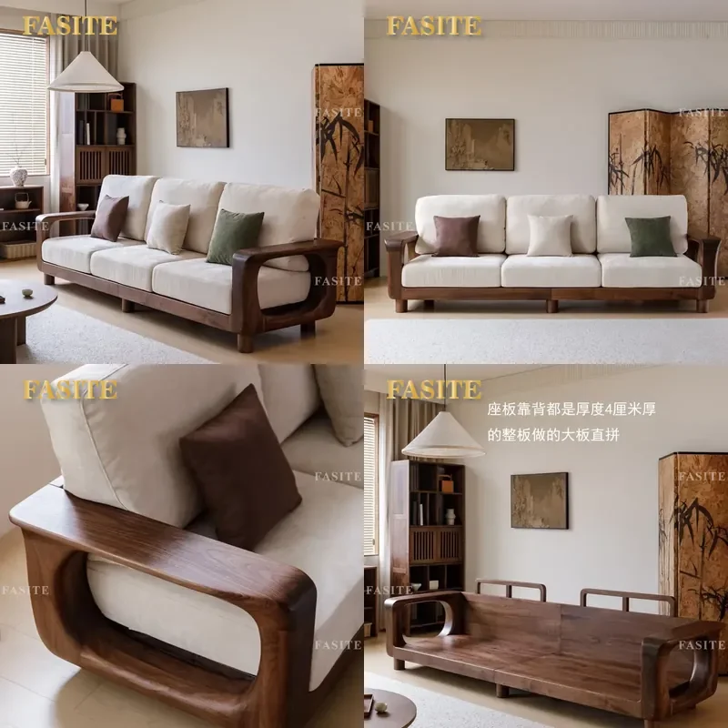 For North American Black Walnut Thickened Solid Wood Sofa New Chinese Style Straight Row 3-4 Seater Living Room Furniture