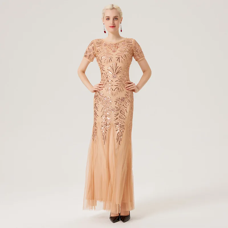 Sequin zomerjurk vrouwen bruidsmeisje avondjurken mesh bodycon bruiloft jurk vestidos prachtige ronde hals korte mouwen