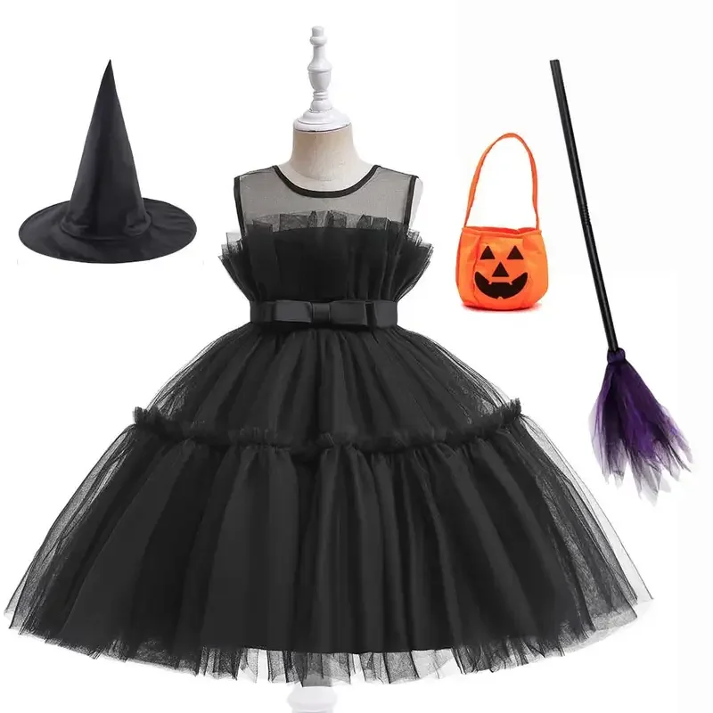 Toddler Girls Halloween Pageant Dress Party Baby Kids Witch Costume Hap Broom Gown Princess Tulle Dress Hat Set Dress