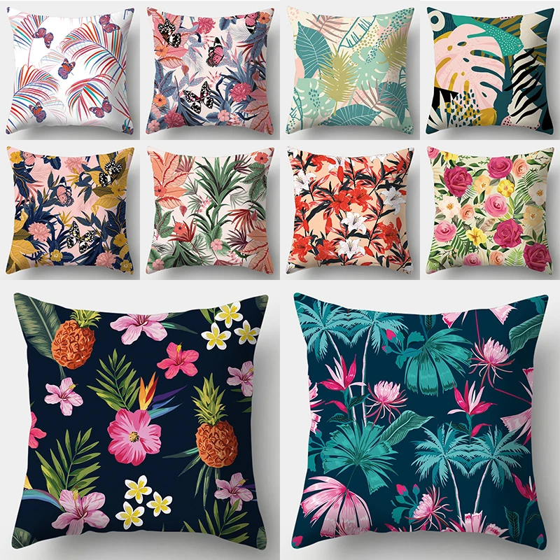 

Tropical Leaf Pillowcase Forest Red Flower Pillow Case Sofa Bed Garden Chair Pillow Cover Bedroom Decoration Luxury Covers 45x45