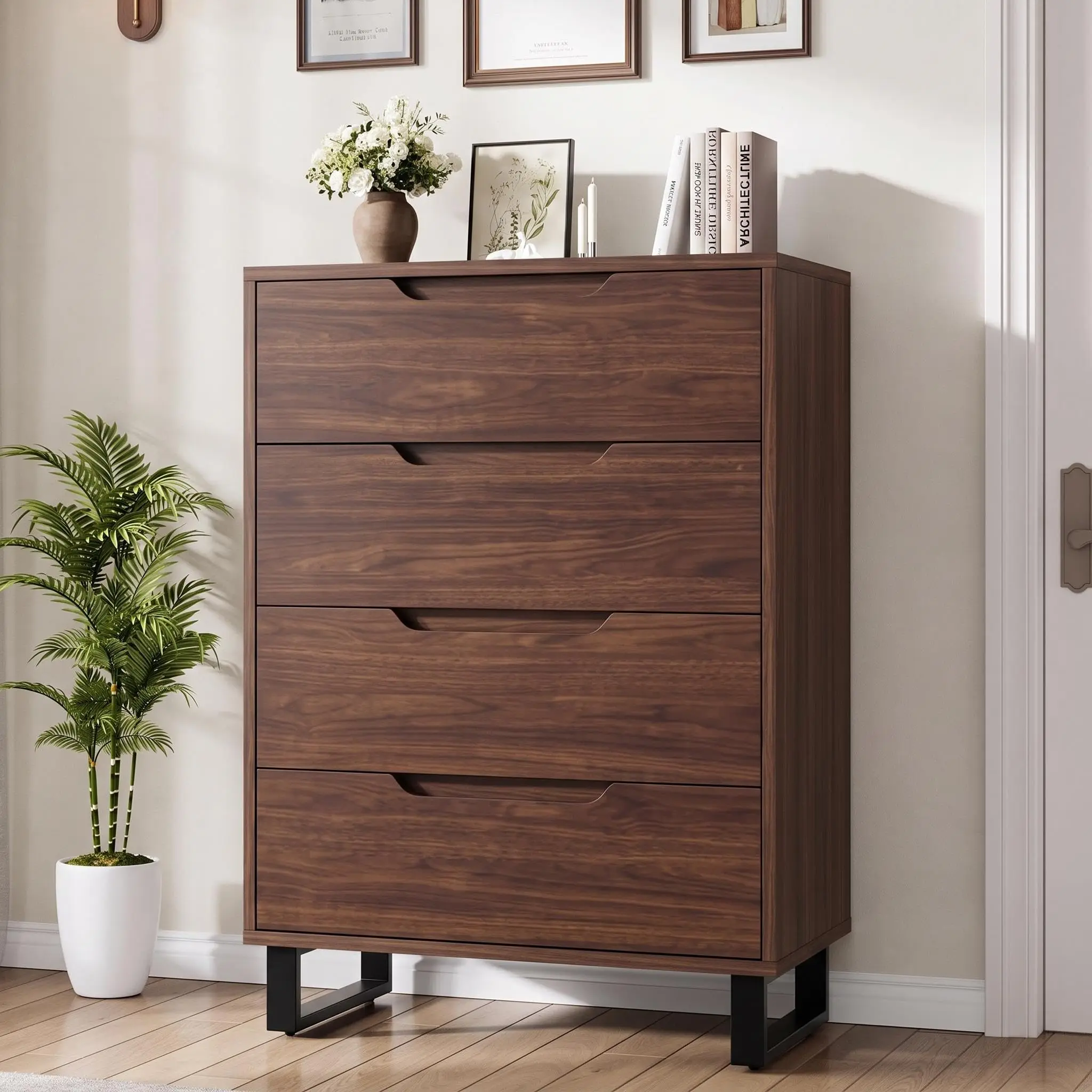 Tall 4-Drawer Storage Dresser – Freestanding Wooden Vertical Cabinet with Spacious Drawers for Bedroom, Living Room, Hallway, Closet Organization – Adjustable Feet