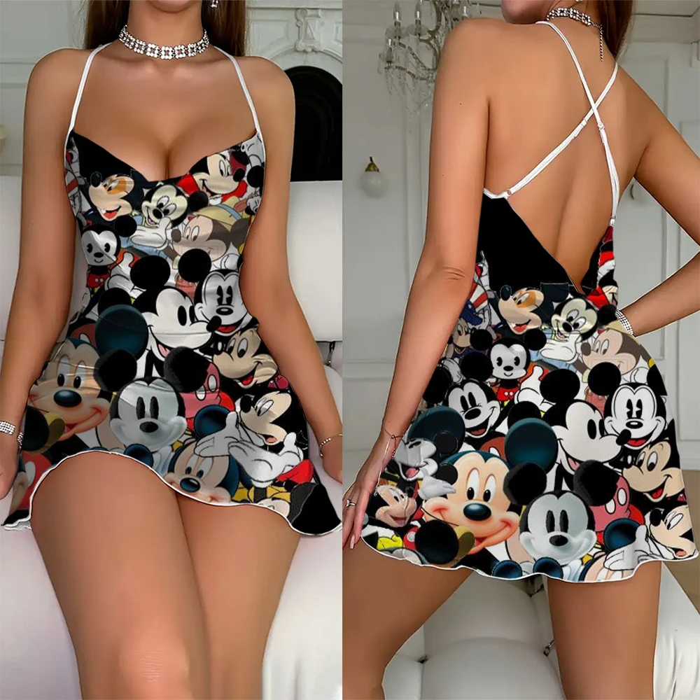 Impresso sexy conforto ajuste elegante vestido disney mickey mouse sem costas vestido de cetim minnie pijama vestido feminino roupas de verão