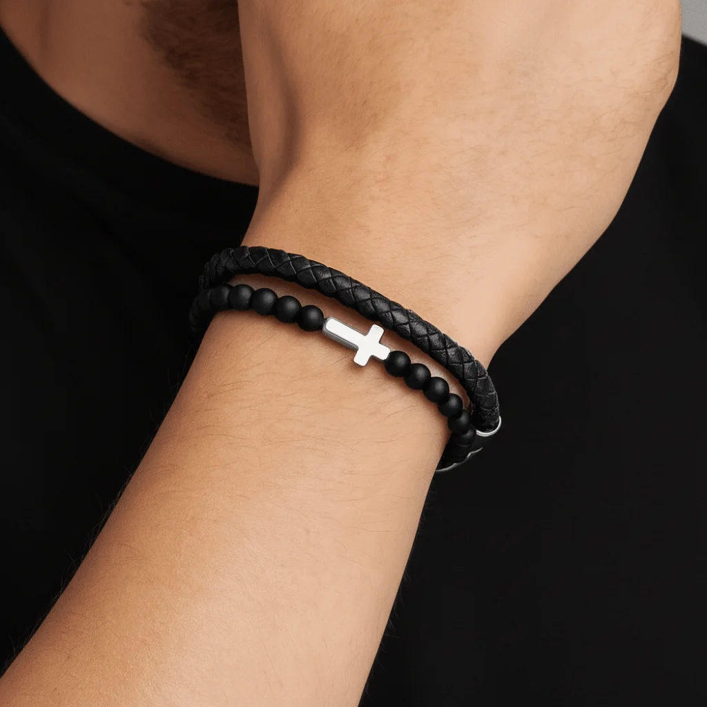 Black Double-Row Braided Bracelet Leather Magnetic Lava Rock Bead Bracelet Bible Verse Inspirational Quotes Bracelets For Father