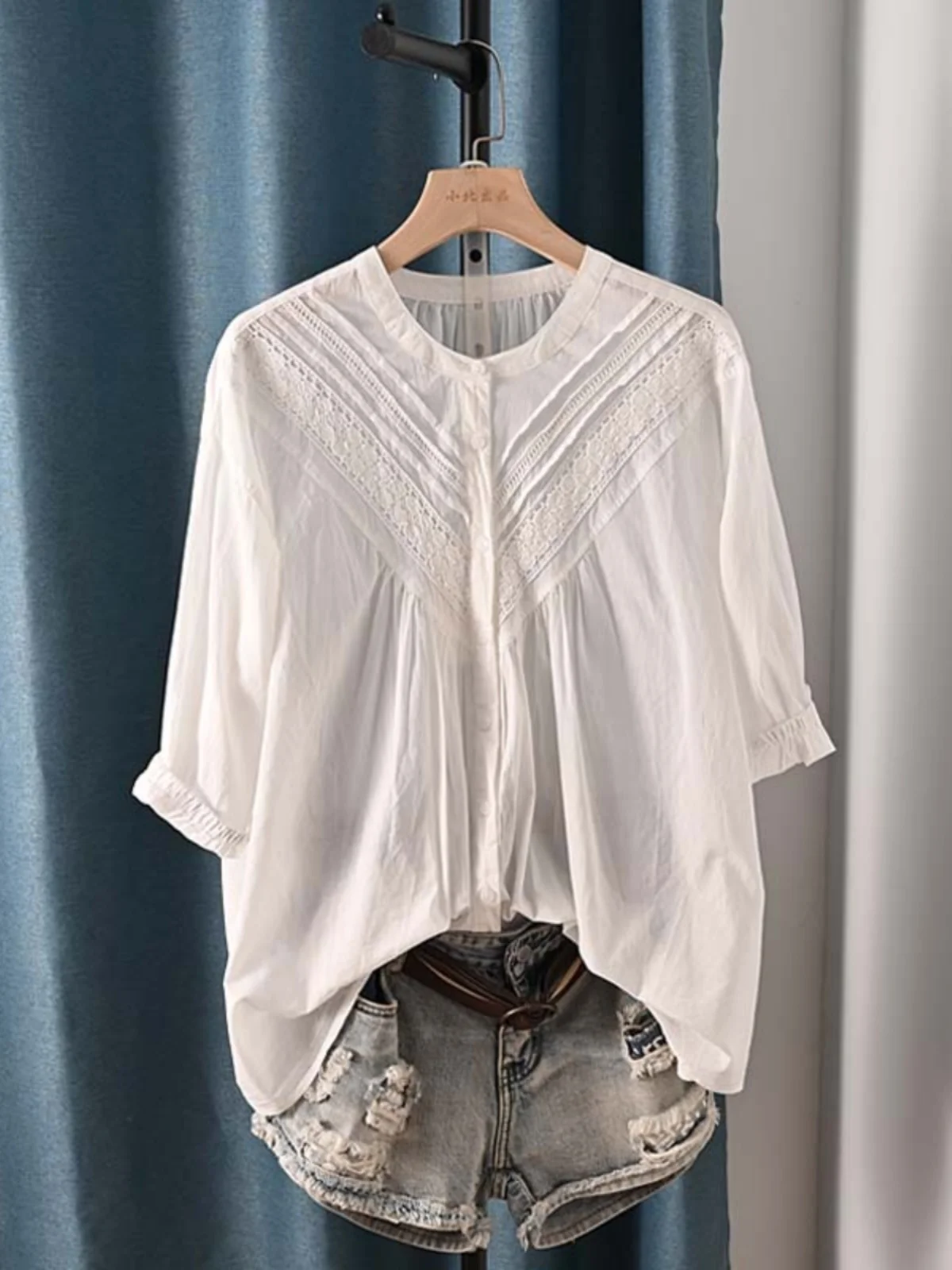 New Summer Cotton Half Sleeve Shirt Stand Collar Embroidery Lace Top Mori Girl Casual Sweet Loose Blouse 2024 Autumn T46843QM