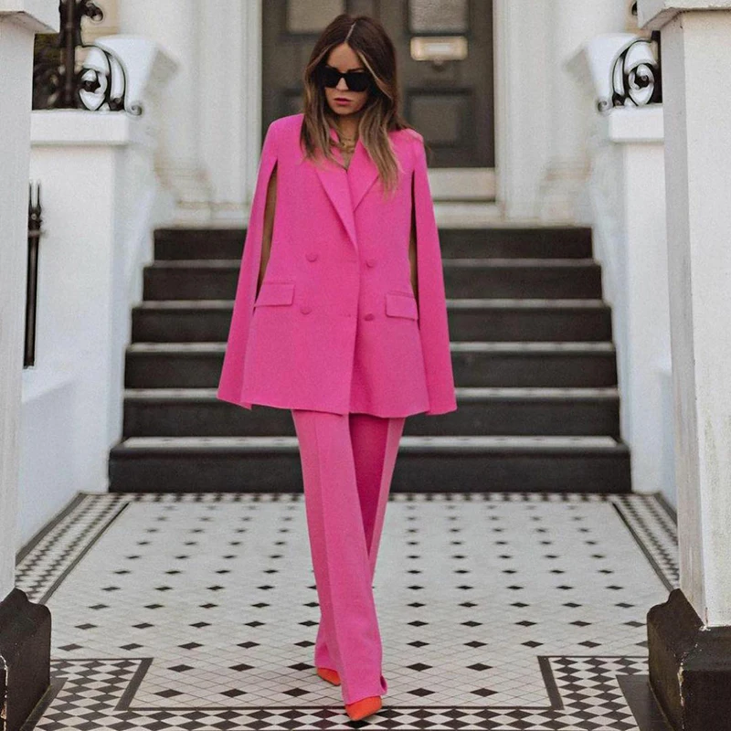 Pink Sleeveless Cloak Jacket Coat Women Fashion Spring Turn Down Collar Double Breasted Pockets Office Ladies Blazer Mujer 2022