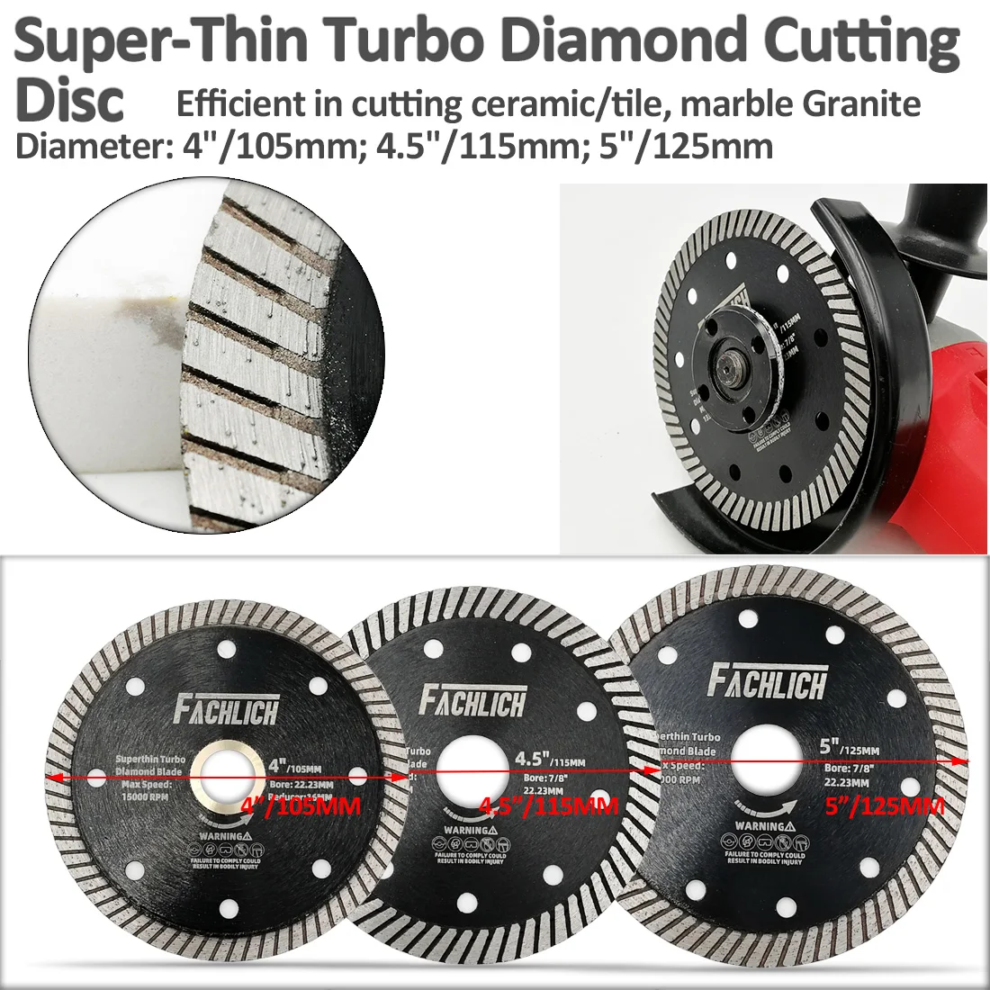 FACHLICH 1pc Diamond Turbo Saw Blades for Marble Ceramic Tile Granite Porcelain Super-Thin Cutting Disc Dia 4" 4.5" 5"