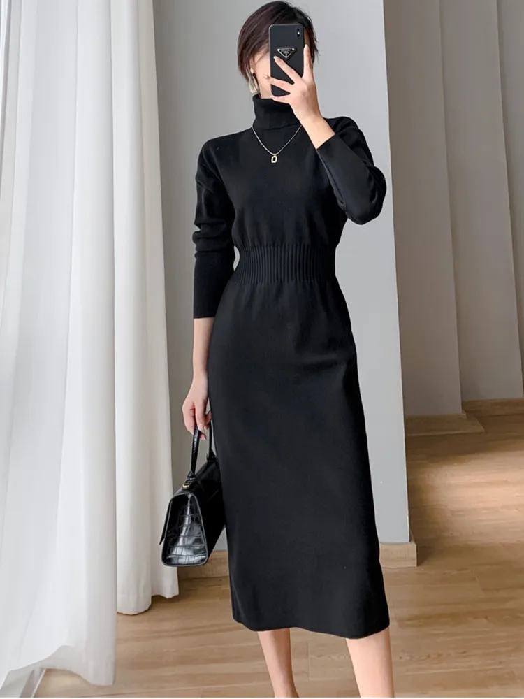 

SMTHMA New Autumn Winter Elegant High Collar Knitted A-line Dress Women Full Sleeve Slim Waist Female Sweater Dress Vestidos