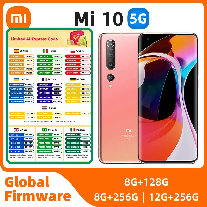 샤오미 미 10 안드로이드 5G 잠금 해제 6.67 인치, 12GB RAM, 256GB ROM, 모든 색상, 좋은 상태, 정품 중고 전화 