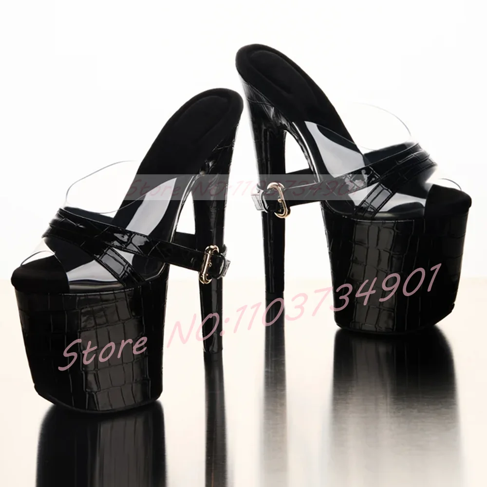 20CM Stiletto Platform Mule Sandals Women Patent Crocodile Pattern Buckle Strap Clear Pvc Peep Toe High Heels Sexy Sandals
