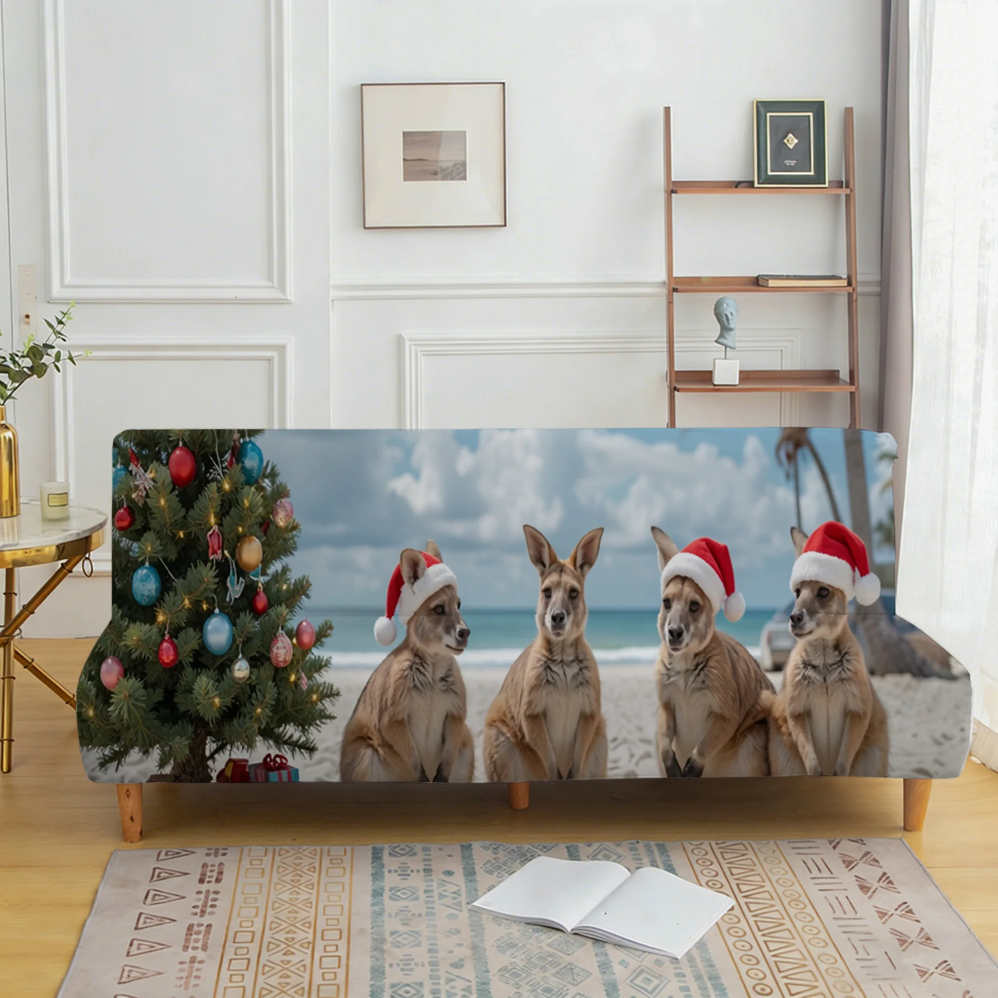 Christmas kangaroo with santa hat printed elastic folding sofa bed cover, Christmas holiday decoration sofa bed without armrests