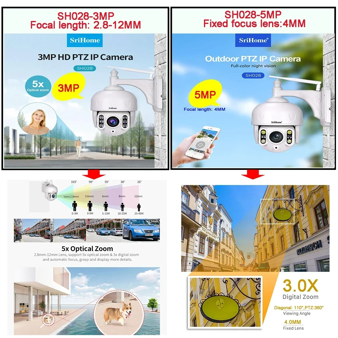 Srihome SH028 3.0/5.0MP Outdoor IP Camera Waterproof 5X Optical Zoom Wifi 360° P2P 2-Way Audio Wireless Surveillance CCTV PTZ