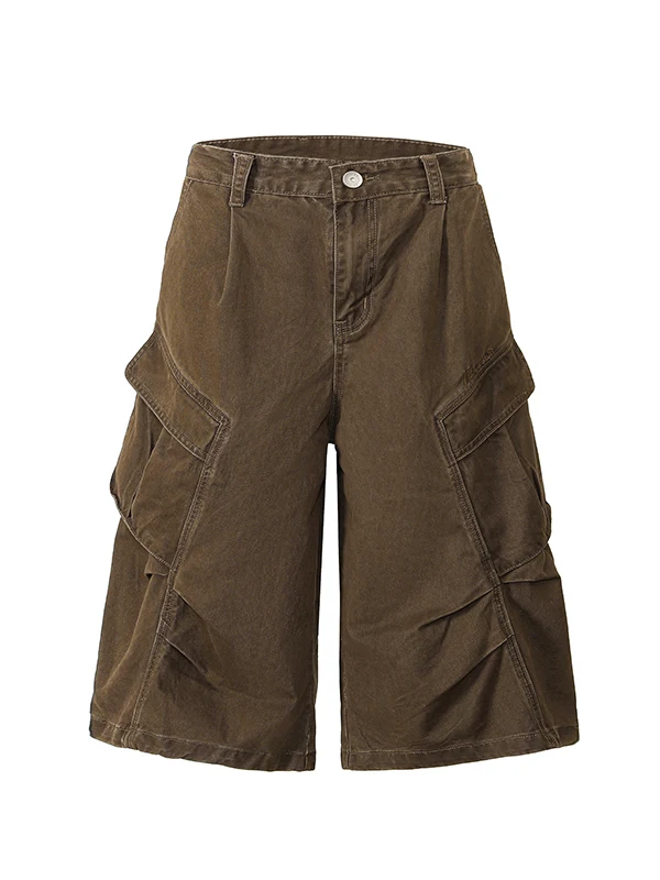 

Retro Workwear orts Men's Summer Loose Straight Leg Pants with Big kets Mountain System Folded Seven-Foot Pants