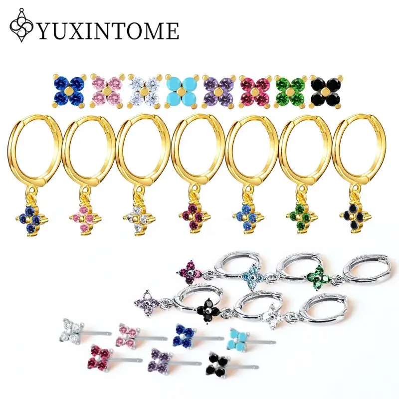 

YUXINTOME 925 Silver Needle Four-Leaf Stud Earrings Pendant Hoop Earrings Retro Multicolor Zircon Earrings Fashion Party Jewelry