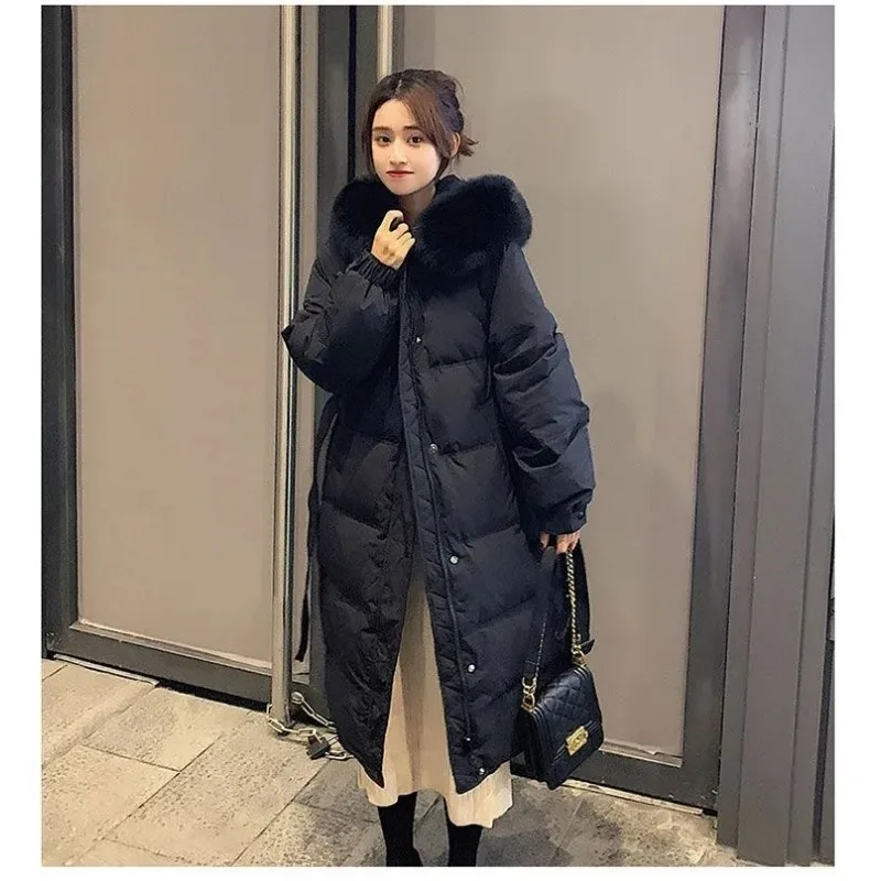 2023 neue Frauen Daunen jacke Wintermantel weibliche mittellange Version Parkas lose dicke warme Outwear Kapuze Echtpelz Kragen Mantel