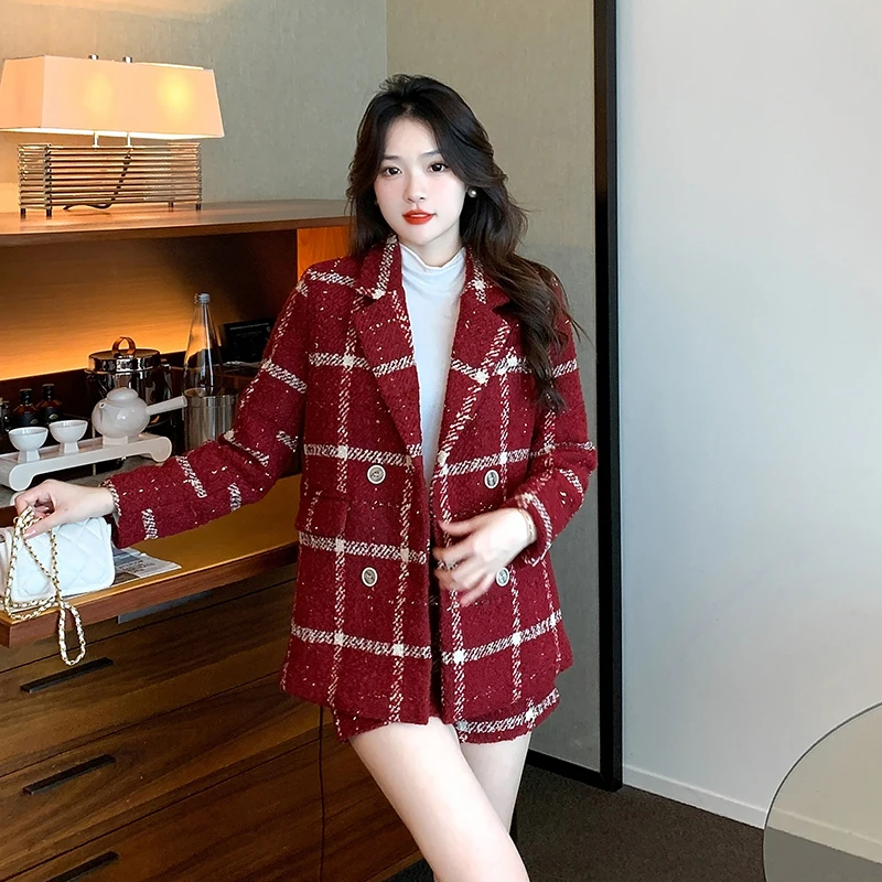 High Quality Elegant Plaid Tweed Blazer Shorts Suits Autumn Winter Outfits for Women Two Piece Business Chic Office Matching Set