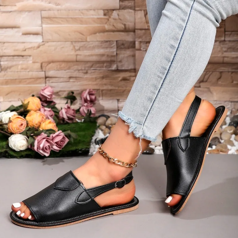 Women's Sandals Summer New Flat Round Head Open Toe Simple Buckle Slippers Casual Comfortable Non-slip Soft Soled Sandals