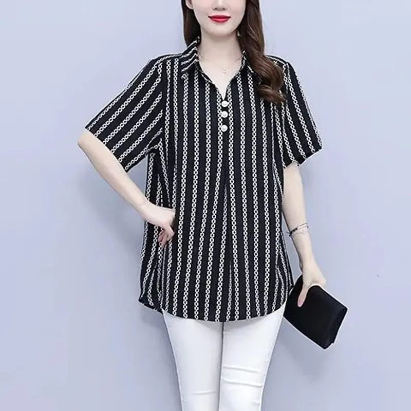 Summer Short Sleeve Blouse Turn-down Collar Stylish Button Female Clothing Casual Printed Loose Commute Korean Striped Shirt New