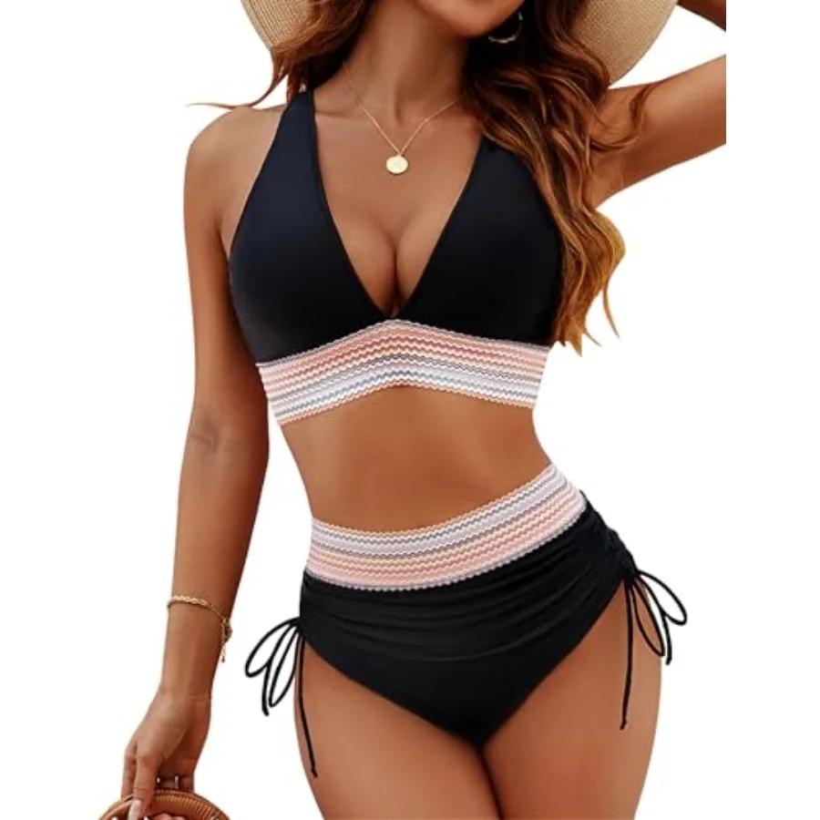 

Blooming Jelly Women High Waisted Bikini Sets Tummy Control Swimsuits Color Block Two Pcs Drawstring Bathing Suit