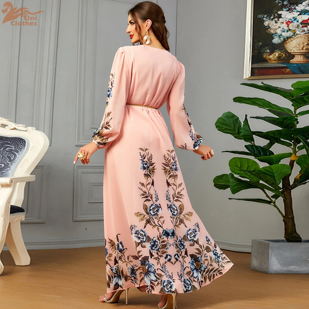 Uni Dresses With Long Sleeves Floral Print Luxury Muslim Abayas For Women Dubai Moroccan Fashion Elegant Evening Dress