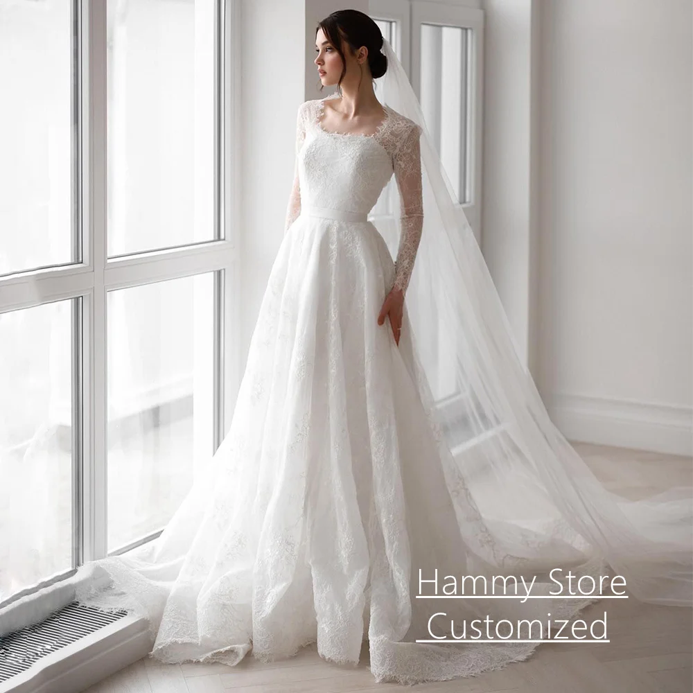 

Saud Bride Wedding Dress Customized Square Neck Long Sleeves Lace Bridal Gown Sweep Train Vestido De Noiva Marriage Dresses