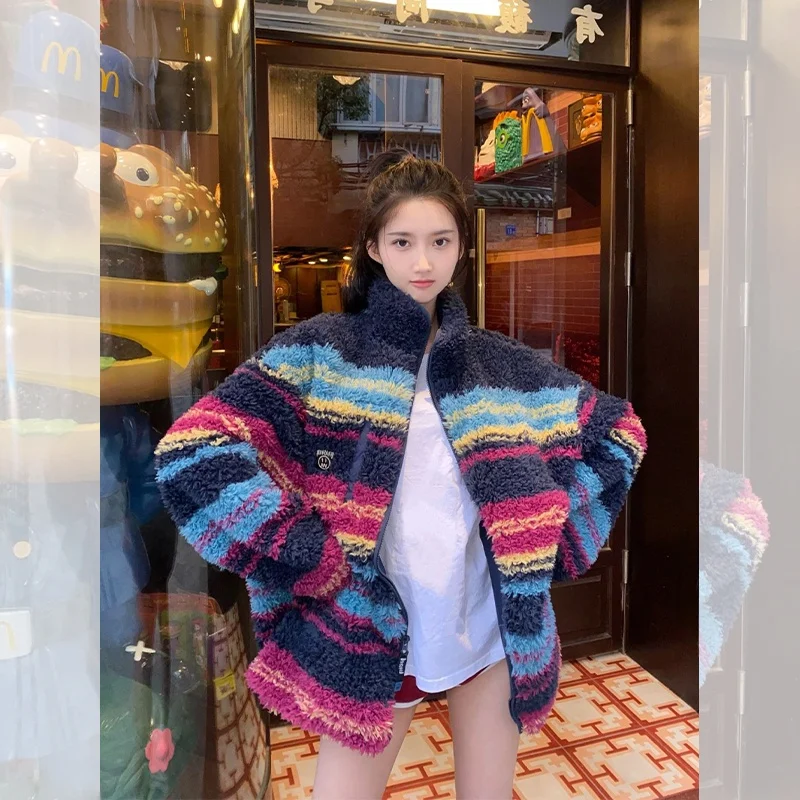 

Синяя бейсбольная куртка с мехом ягненка, женская осенне-зимняя новая куртка большого размера, модная верхняя одежда Plu