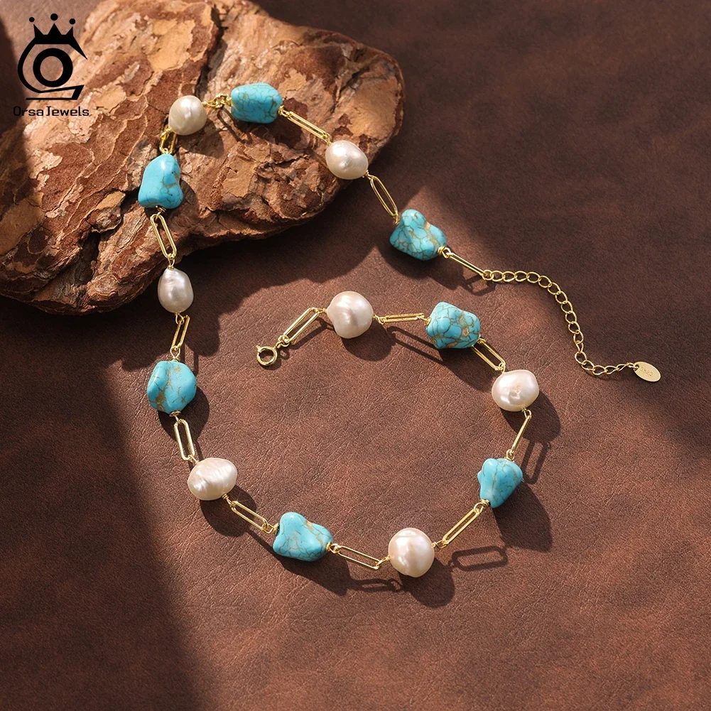 

ORSA JEWELS S925 Silver Natural Turquoise Beaded Necklace for Women Fashion Choker Chain Party Gift Gemstone Jewelry MPN11