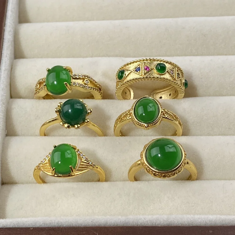 Foxanry Gold Color Green Jade Rings For Women Girls Vintage Trendy Ethnic Exquisite Personality Elegant Anniversary Jewelry Gift