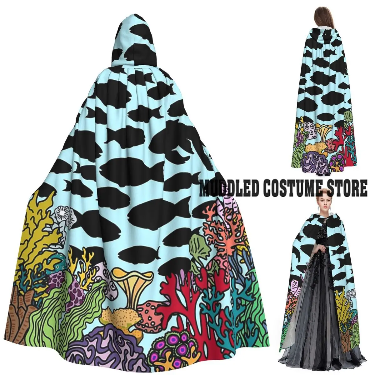 

Вечернее плащ глубоководной коралловой рыбы, длинный плащ с капюшоном, средневековый костюм ведьмы, накидка для косплея, накидка на Хэллоуин, вампир, для взрослых, унисекс