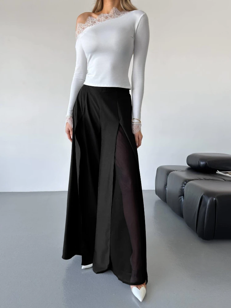 Elegant Spliced Mesh Women Pants High Waist Wide Leg Pants Solid Color Designer Summer Pants Office Lady Women Clothing