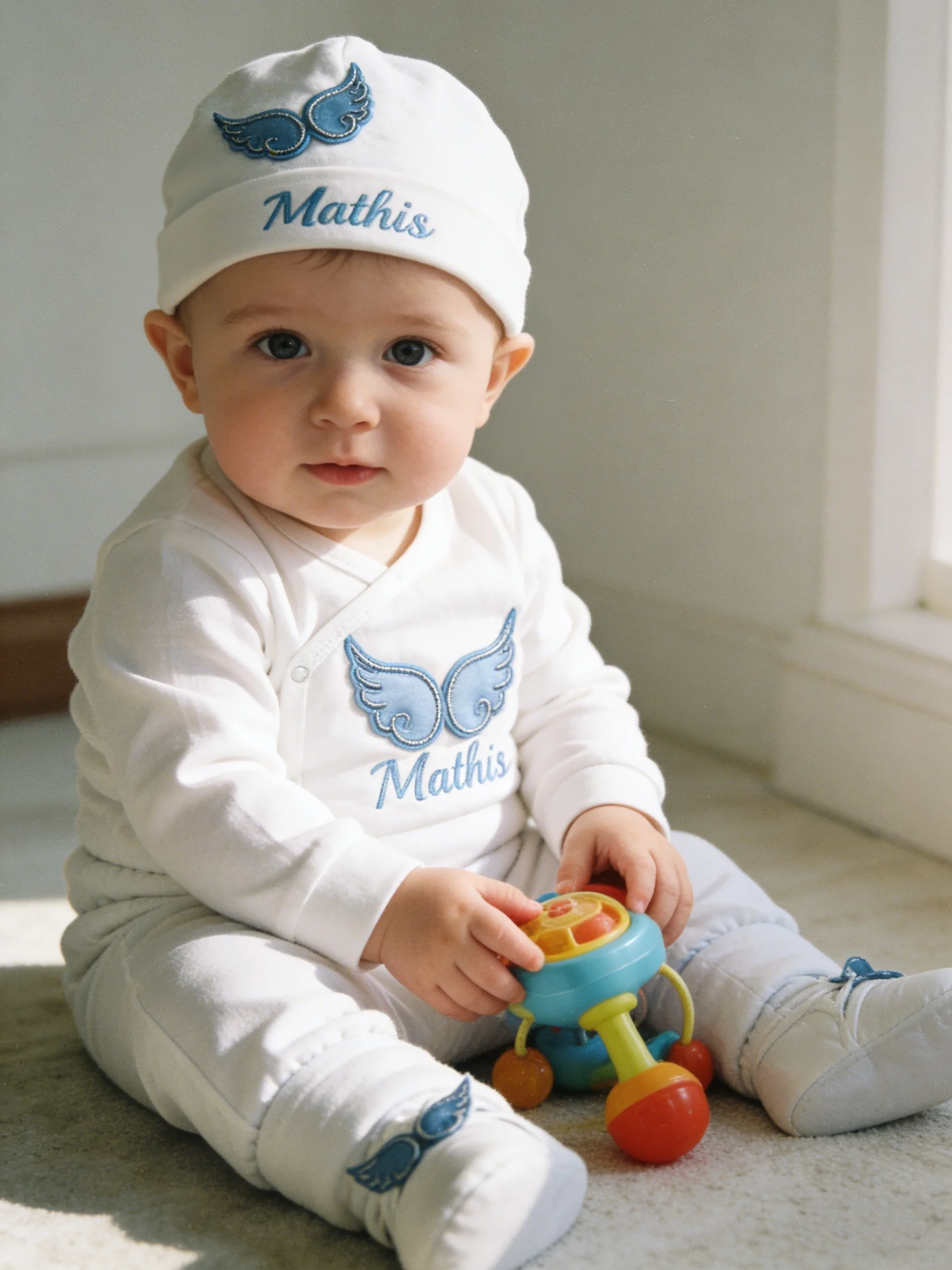 Baby Boy Blue Angel Outfit Set-Onesie Hat Shoes Mittens Bib Swaddle with Wings-for Baby Shower Gift,Prince-style Newborn Clothes