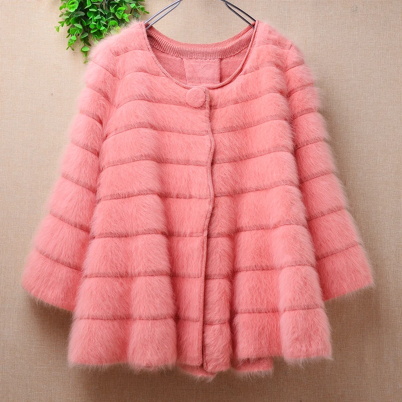 Ladies Women Fall Winter Clothing Sweet Pink Hairy Mink Cashmere Knitted Striped Three Quarter Sleeve Slim Cardigan Coat Sweater