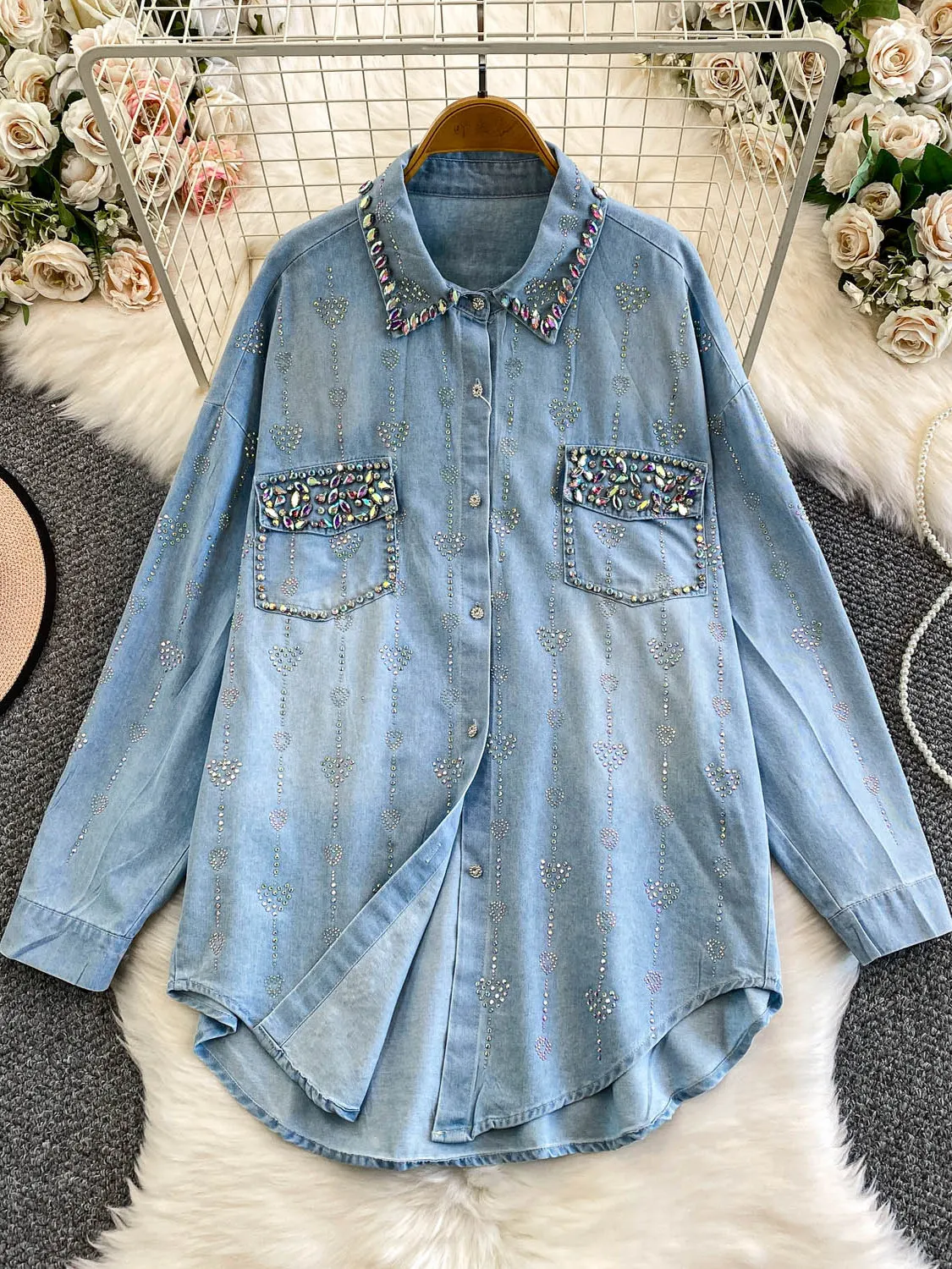 

Trendy Heavy Crystal Embellied Collar Denim Jaet Women Winter Age-defng irt Korean Sle Long Sve Casual Outerwear