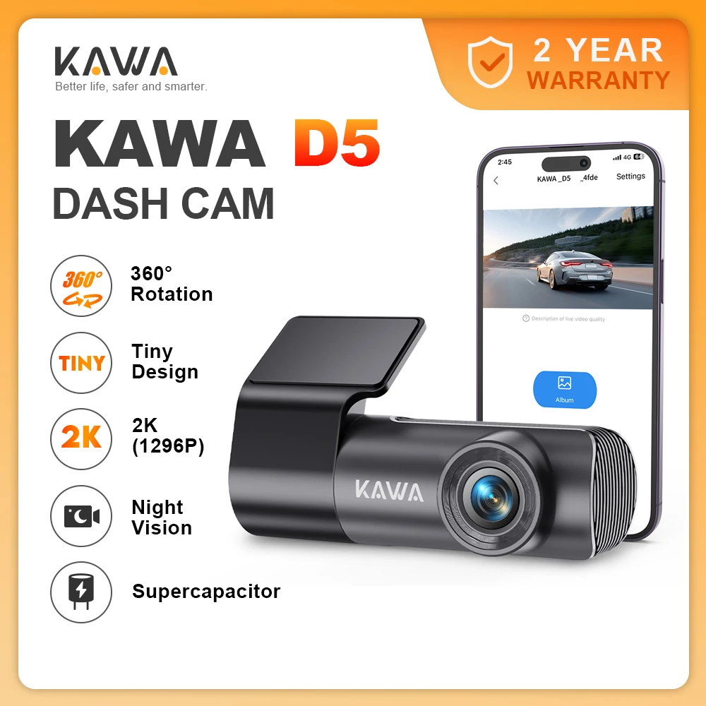 KAWA Dash Cam D5 2K Voice Control 360° Rotation Parking Guard WiFi Monitor G-Sensor Emergency Recording Supercapacitor Car DVR
