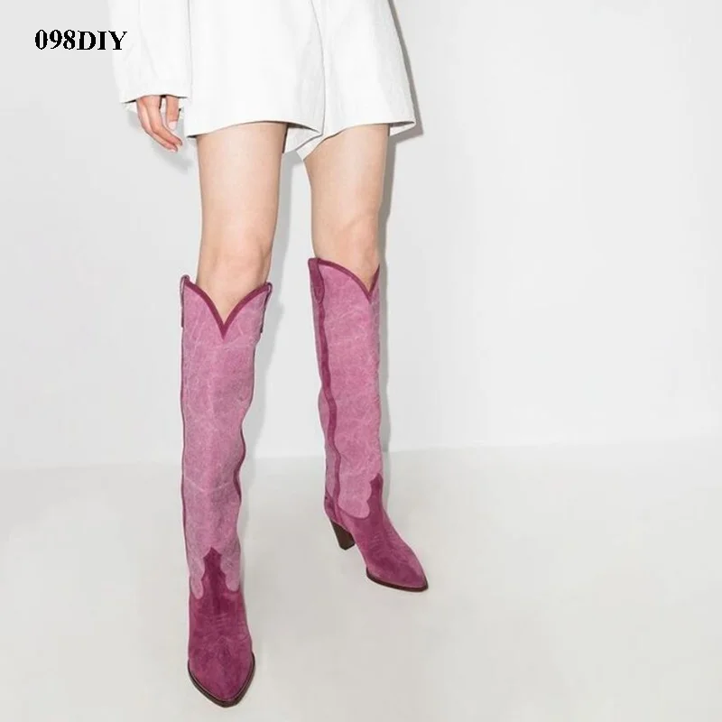 

Western Style Panelling Pointed Toe High Block Heel Knee High Boots Women Two Tone Fuchsia Pink Calf Leather Cotton Long Bota