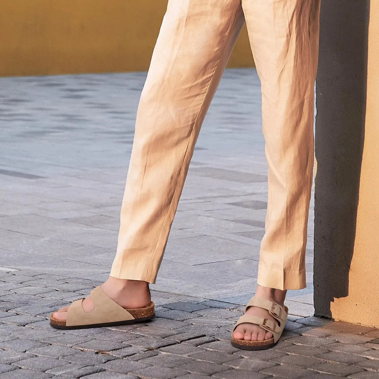 Eyriphy Summer Fashion Flat Slide with Arch Support Unisex Cork Sole Sandals Men and Women's Double Buckle PVC Material Slippers