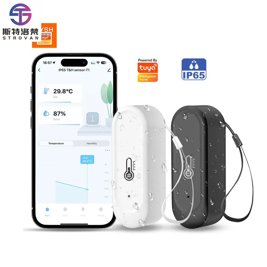 

STLF Odm Tuya Outdoor Ip65 Waterproof Wifi Temperature Humidity Sensor Black or White Optional Equipped With Lanyard