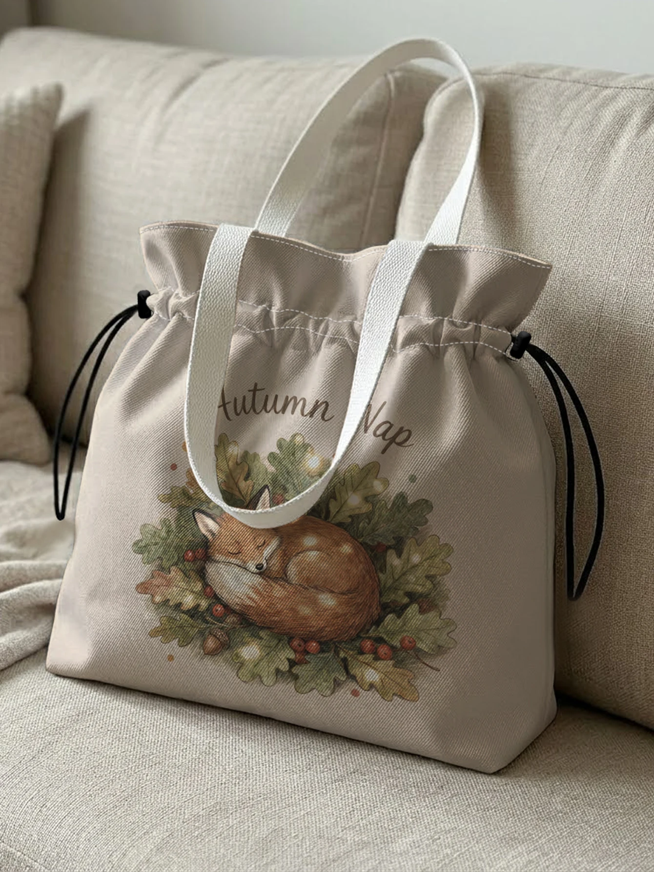Sleeping Fox Print Drawstring Tote Bag Large Capacity Shoulder Bag For Shopping Travel Daily Use