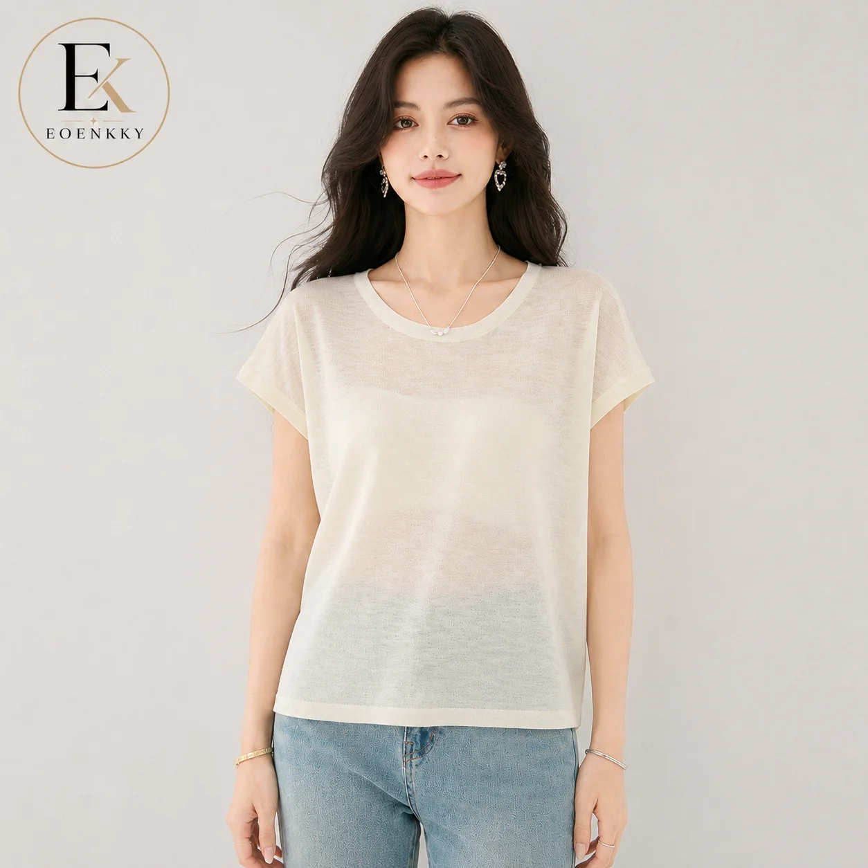 EOENKKY Women’s Lace Back T Shirt Short Sleeve Crew Neck Semi Sheer Hollow Out Loose Casual Summer Top Off White 2026