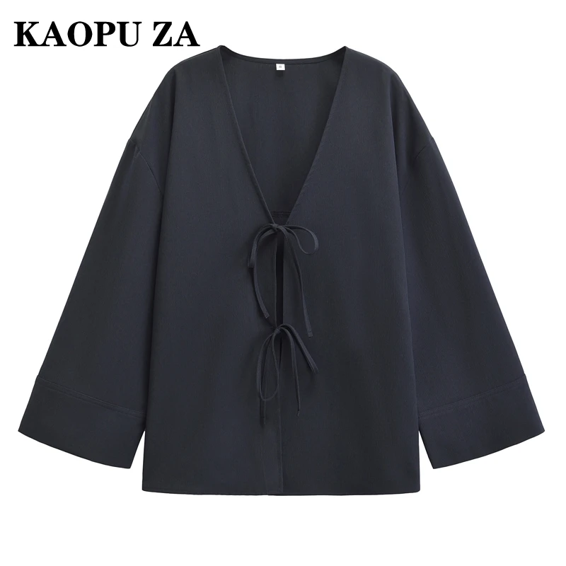 

KAOPU ZA 2024 New Autumn Women's V-Neck long Sleeve kimono Shirt Casual Lace-up Solid Retro lady Coat Jacket Top