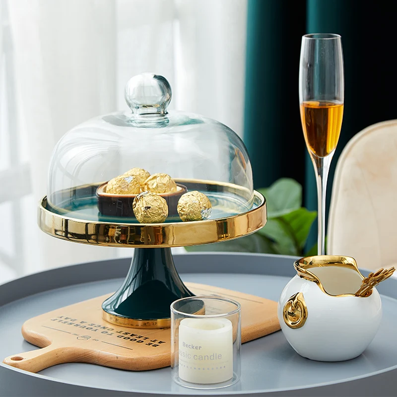 Gold-plated Ceramic Cake Tray Dessert Table Display Stand Pastry Bread Fruit Plate Glass Cover High Jewelry Tea Cup Food Table