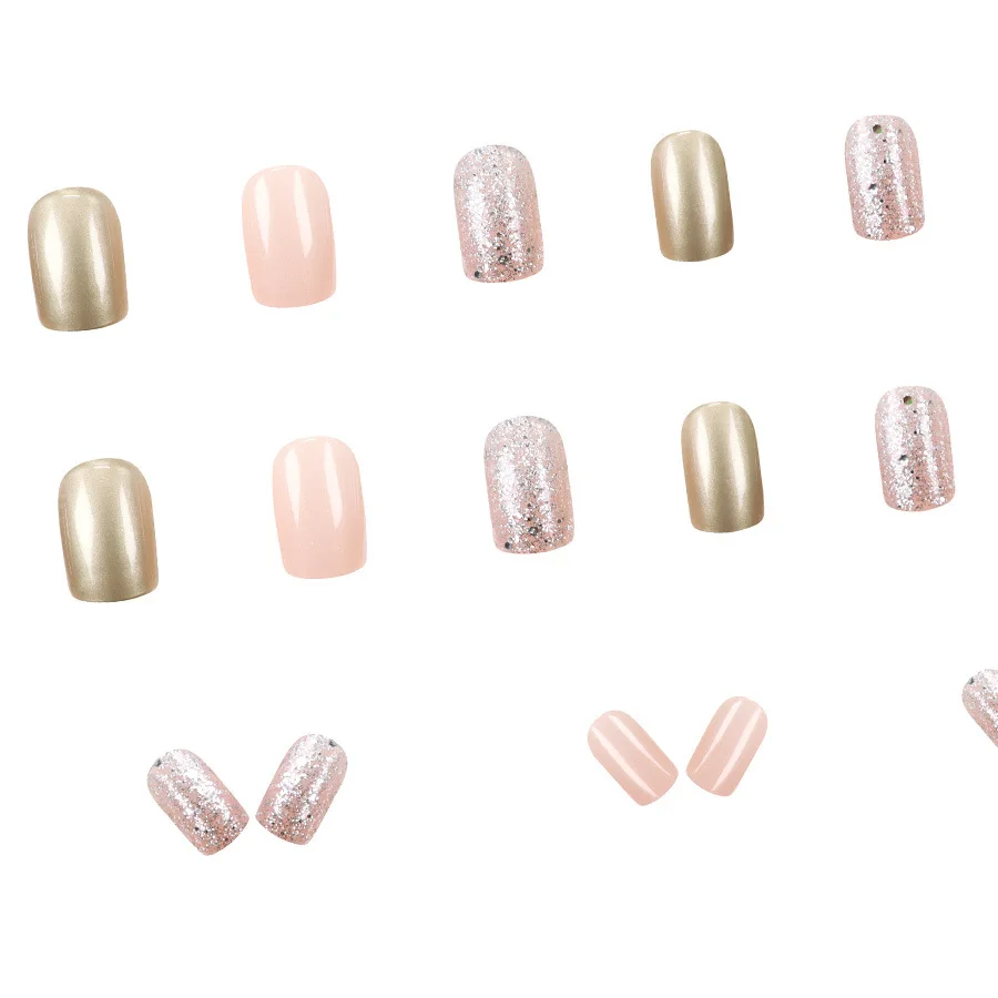 24pcs/set Short square fake nails for women girls Sparkling glitters with nude brown golden glossy nail tips press on false nail image 3