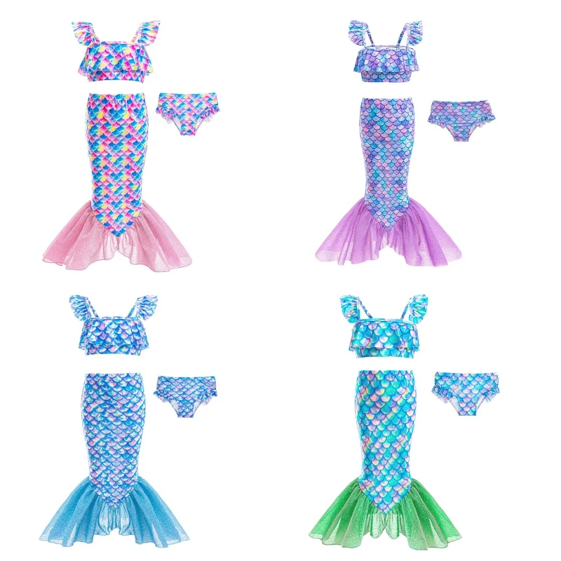 Colorful Mermaid Princess Separated Bikini Flowy Three-Piece Bathing Suit Breathable Kids Beach Outfit for Toddler Holiday Wear