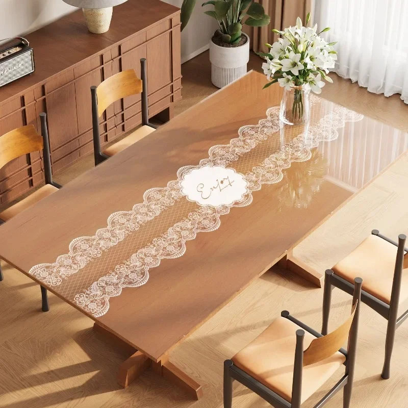 Transparent Printed Lace PVC Soft Glass Tablecloth Waterproof and Oil Resistant Table Mat Non Washable and Insulated Table Mat