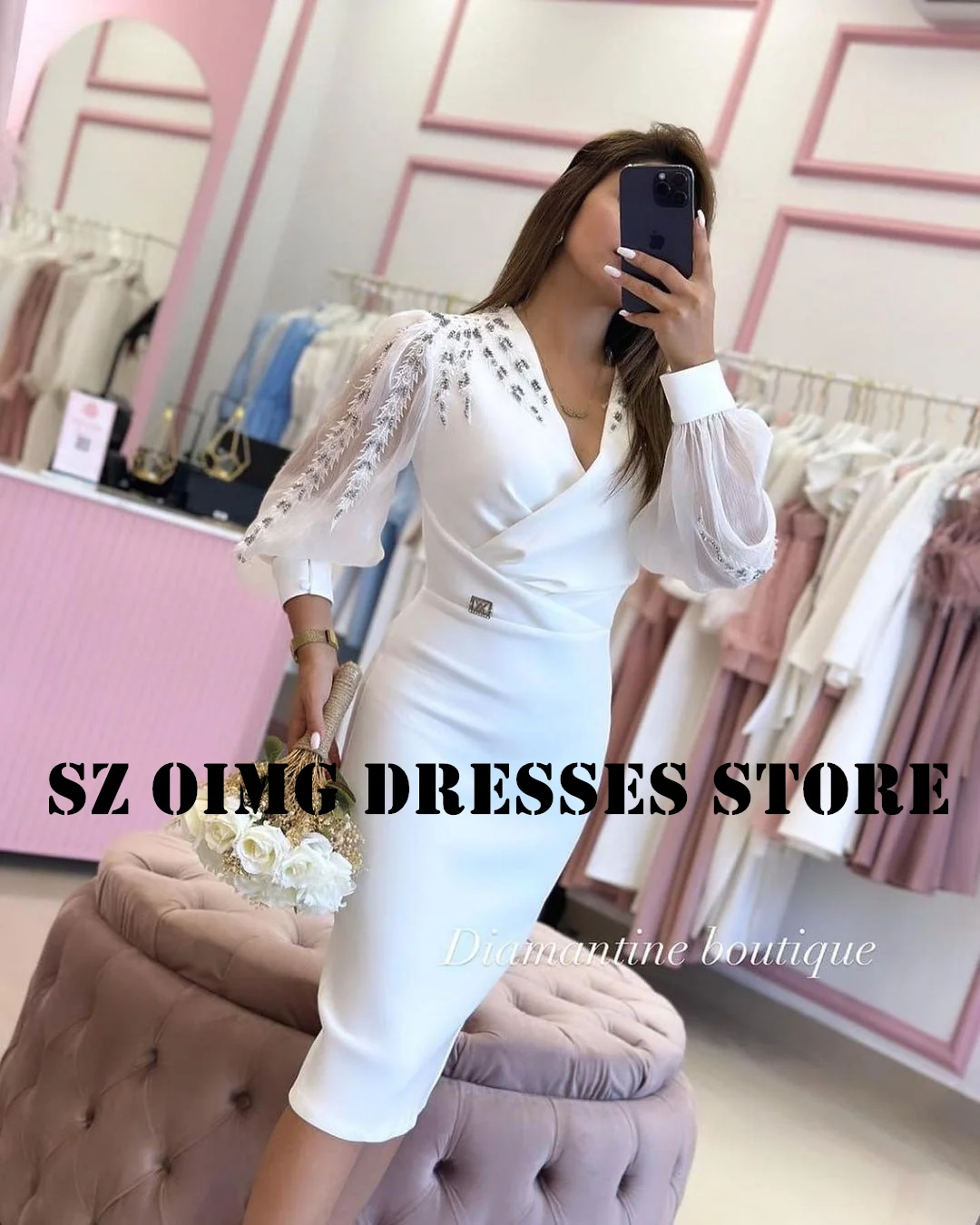 OIMG New Design Satin Beads Prom Dresses Arabic Women Tea Length Sheath Puff Sleeves White  Gowns Formal Party Dress Customized