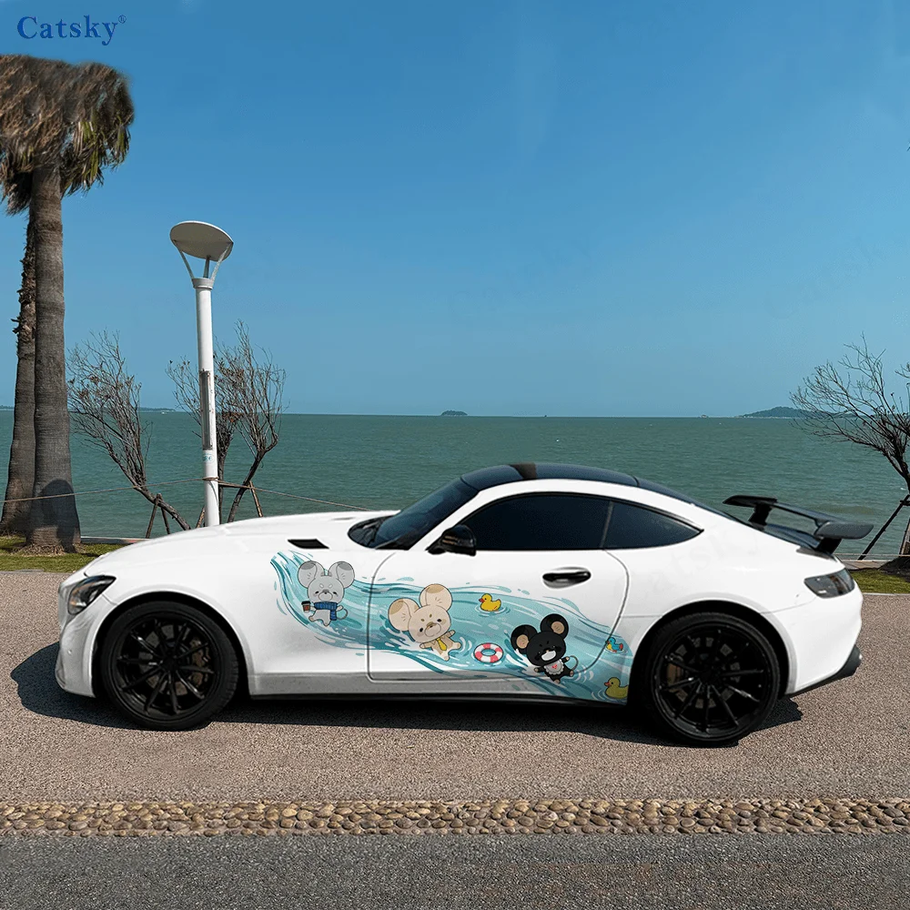 

Three cute mice have been washed away by the current, IP Image, PVC Material, Suitable for Most Vehicles, Side Decorative Sticke