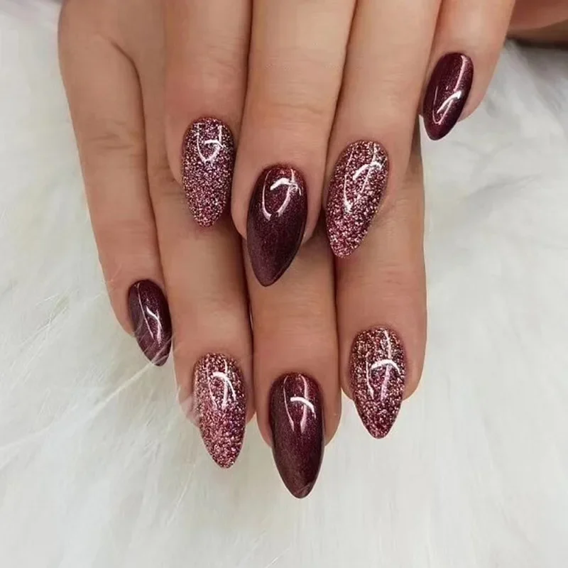24 piezas de uñas postizas simples color vino tinto con diseño de longitud media, uñas de presión de almendra, puntas ovaladas redondas de cobertura completa 5