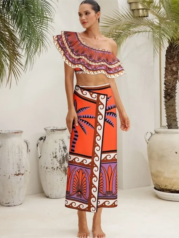 Retro Bikini Printed Fashion Bikini Set And One Piece Cover Up With Skirt Tight Women's Bandage Summer Beach Luxury Elegant