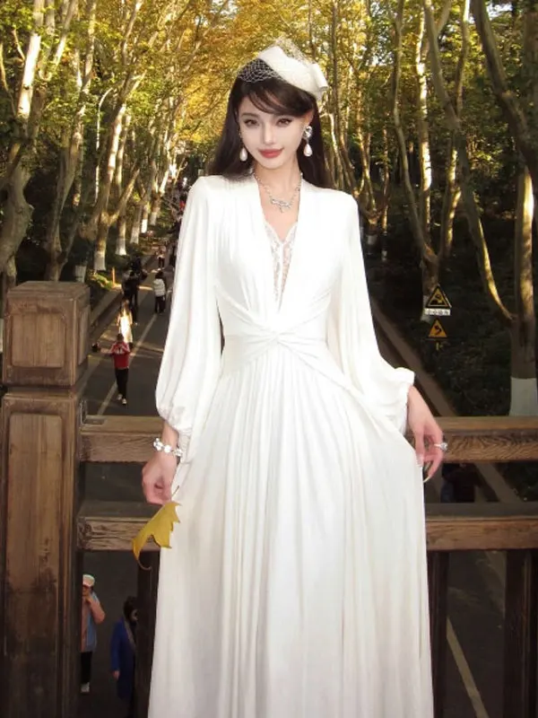 

Ele Lace Splice V-Ne Slim Fit Long Dr Winter High Waist Gentle Sle Women's Faion Dr Cotton Non-Fading