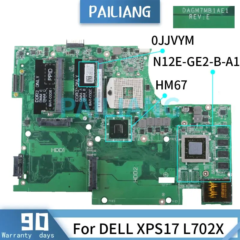 For DELL L702X Notebook Mainboard DAGM7MB1AE1 HM67 N12E-GE2-B-A1 CN-0JJVYM Laptop Motherboard Tested